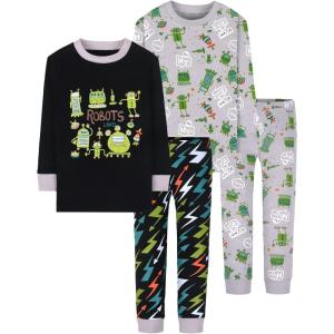DAUGHTER QUEEN Boys Pajamas 4 Pieces Long Set 100% Cotton Sleepwear Size 18 Months-12 Years(4pcs-black/Grey-robot-lba22)