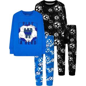 DAUGHTER QUEEN Boys Pajamas 4 Pieces Long Set 100% Cotton Sleepwear Size 18 Months-12 Years(4pcs-blue/Black-soccer-lba23)
