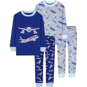 DAUGHTER QUEEN Boys Pajamas 4 Pieces Long Set 100% Cotton Sleepwear Size 18 Months-12 Years(4pcs-blue/Grey-airplane-lba22)