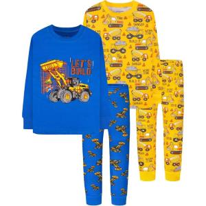 DAUGHTER QUEEN Boys Pajamas 4 Pieces Long Set 100% Cotton Sleepwear Size 18 Months-12 Years(4pcs-blue/Yellow-excavator-lba23)