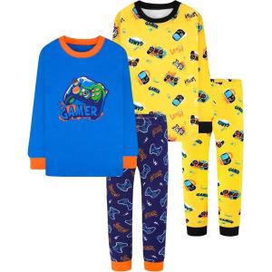DAUGHTER QUEEN Boys Pajamas 4 Pieces Long Set 100% Cotton Sleepwear Size 18 Months-12 Years(4pcs-blue/Yellow-gamer-lba24)