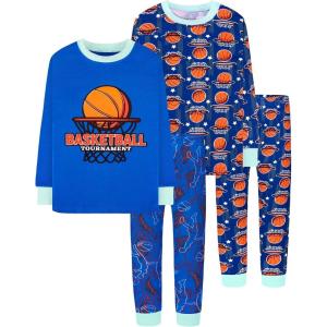 DAUGHTER QUEEN Boys Pajamas 4 Pieces Long Set 100% Cotton Sleepwear Size 18 Months-12 Years(4pcs-blue-basketball-lba23)