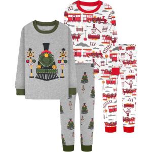 DAUGHTER QUEEN Boys Pajamas 4 Pieces Long Set 100% Cotton Sleepwear Size 18 Months-12 Years(4pcs-gray/White-steam Train-lba25)