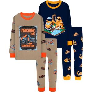 DAUGHTER QUEEN Boys Pajamas 4 Pieces Long Set 100% Cotton Sleepwear Size 18 Months-12 Years(4pcs-nany/Brown-construction-lba25)