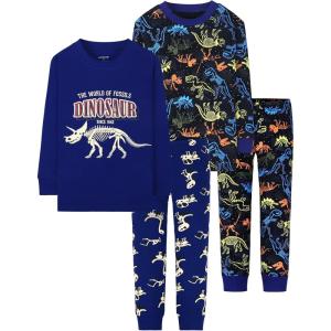 DAUGHTER QUEEN Boys Pajamas 4 Pieces Long Set 100% Cotton Sleepwear Size 18 Months-12 Years(4pcs-navy Blue/Black-dinosaur-lba22)