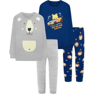 DAUGHTER QUEEN Boys Pajamas 4 Pieces Long Set 100% Cotton Sleepwear Size 18 Months-12 Years(4pcs-navy Blue/Grey-bear-lba24)