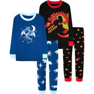 DAUGHTER QUEEN Boys Pajamas 4 Pieces Long Set 100% Cotton Sleepwear Size 18 Months-12 Years(4pcs-navy/Black-dragon-lba24)