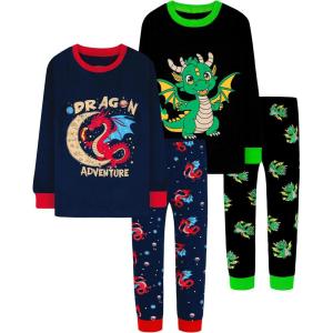 DAUGHTER QUEEN Boys Pajamas 4 Pieces Long Set 100% Cotton Sleepwear Size 18 Months-12 Years(4pcs-navy/Black-dragon-lba25)