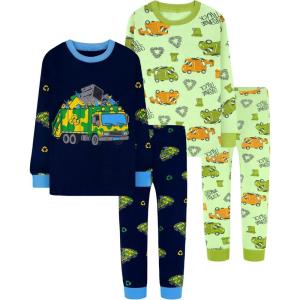 DAUGHTER QUEEN Boys Pajamas 4 Pieces Long Set 100% Cotton Sleepwear Size 18 Months-12 Years(4pcs-navy/Green-garbage Truck-lba25)