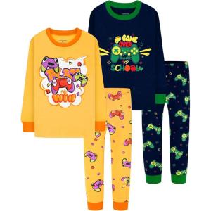 DAUGHTER QUEEN Boys Pajamas 4 Pieces Long Set 100% Cotton Sleepwear Size 18 Months-12 Years(4pcs-navy/Yellow-gamer-lba25)