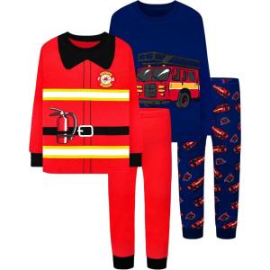 DAUGHTER QUEEN Boys Pajamas 4 Pieces Long Set 100% Cotton Sleepwear Size 18 Months-12 Years(4pcs-red/Navy Blue-fire Truck/Fireman-lba24)
