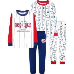 DAUGHTER QUEEN Boys Pajamas 4 Pieces Long Set 100% Cotton Sleepwear Size 18 Months-12 Years(4pcs-white/Red-baseball-lba24)