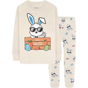 DAUGHTER QUEEN Boys Pajamas 4 Pieces Long Set 100% Cotton Sleepwear Size 18 Months-12 Years(Bunny/Easter Eggs/Beige-lba25)