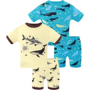 DAUGHTER QUEEN Boys Pajamas 4 Pieces Short Set 100% Cotton Sleepwear Size 18 Months-12 Years(4pcs-beige/Blue-shark-sba25)