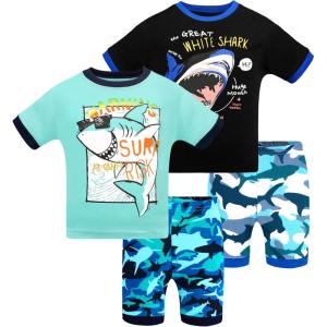 DAUGHTER QUEEN Boys Pajamas 4 Pieces Short Set 100% Cotton Sleepwear Size 18 Months-12 Years(4pcs-black/Blue-shark-sba24)