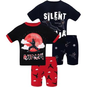DAUGHTER QUEEN Boys Pajamas 4 Pieces Short Set 100% Cotton Sleepwear Size 18 Months-12 Years(4pcs-black/Dark Blue-ninja-sba25)