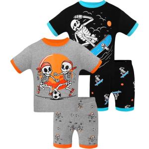 DAUGHTER QUEEN Boys Pajamas 4 Pieces Short Set 100% Cotton Sleepwear Size 18 Months-12 Years(4pcs-black/Gray-skeleton Glow in Dark-sba25)