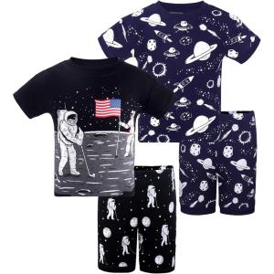 DAUGHTER QUEEN Boys Pajamas 4 Pieces Short Set 100% Cotton Sleepwear Size 18 Months-12 Years(4pcs-black/Navy Blue-astronaut-space)