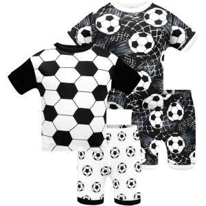 DAUGHTER QUEEN Boys Pajamas 4 Pieces Short Set 100% Cotton Sleepwear Size 18 Months-12 Years(4pcs-black/White-soccer-sba24)