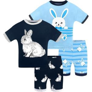DAUGHTER QUEEN Boys Pajamas 4 Pieces Short Set 100% Cotton Sleepwear Size 18 Months-12 Years(4pcs-blue/Navy Blue-rabbit-sba24)