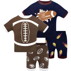 DAUGHTER QUEEN Boys Pajamas 4 Pieces Short Set 100% Cotton Sleepwear Size 18 Months-12 Years(4pcs-brown/Blue-football-sba24)