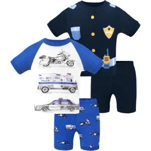DAUGHTER QUEEN Boys Pajamas 4 Pieces Short Set 100% Cotton Sleepwear Size 18 Months-12 Years(4pcs-dark Blue/Blue-police-sba25)