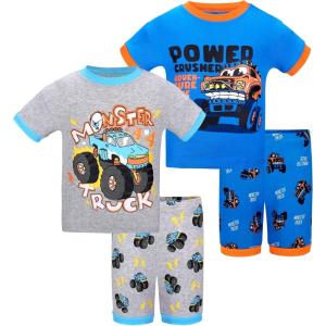 DAUGHTER QUEEN Boys Pajamas 4 Pieces Short Set 100% Cotton Sleepwear Size 18 Months-12 Years(4pcs-grey/Blue-moster Truck)