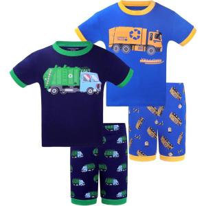 DAUGHTER QUEEN Boys Pajamas 4 Pieces Short Set 100% Cotton Sleepwear Size 18 Months-12 Years(4pcs-navy Blue/Blue-garbage Truck)