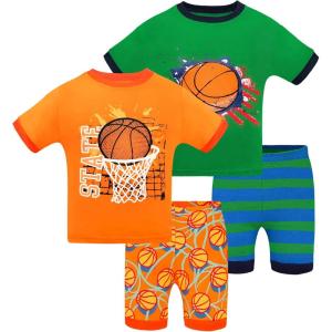DAUGHTER QUEEN Boys Pajamas 4 Pieces Short Set 100% Cotton Sleepwear Size 18 Months-12 Years(4pcs-orange/Green-basketball-sba24)