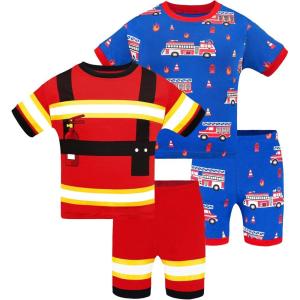 DAUGHTER QUEEN Boys Pajamas 4 Pieces Short Set 100% Cotton Sleepwear Size 18 Months-12 Years(4pcs-red/Blue-fire Truck-sba24)