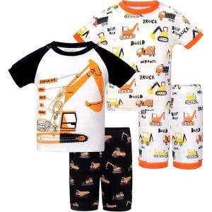 DAUGHTER QUEEN Boys Pajamas 4 Pieces Short Set 100% Cotton Sleepwear Size 18 Months-12 Years(4pcs-white/Orange-excavator)