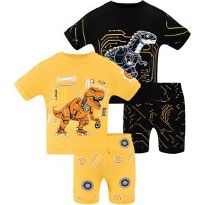 DAUGHTER QUEEN Boys Pajamas 4 Pieces Short Set 100% Cotton Sleepwear Size 18 Months-12 Years(4pcs-yellow/Black-dinosaur-sba25)