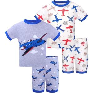 DAUGHTER QUEEN Boys Pajamas 4 Pieces Short Set 100% Cotton Sleepwear Size 18 Months-12 Years(Four-pieces-grey-white- Airplane)