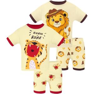 DAUGHTER QUEEN Boys Summer Pajamas Set 4 Pieces 100% Cotton Sleepwear Size 18 Months-12 Years(4pcs-beige-tiger/Lion-sba25)