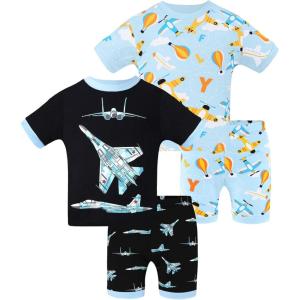 DAUGHTER QUEEN Boys Summer Pajamas Set 4 Pieces 100% Cotton Sleepwear Size 18 Months-12 Years(4pcs-black/Blue-plane-sba25)