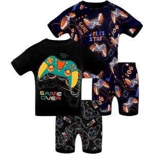 DAUGHTER QUEEN Boys Summer Pajamas Set 4 Pieces 100% Cotton Sleepwear Size 18 Months-12 Years(4pcs-black/Dark Blue-gamer-sba24)