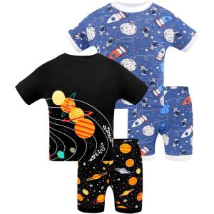DAUGHTER QUEEN Boys Summer Pajamas Set 4 Pieces 100% Cotton Sleepwear Size 18 Months-12 Years(4pcs-black/Navy-space-sba24)