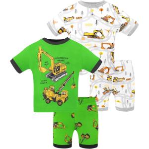 DAUGHTER QUEEN Boys Summer Pajamas Set 4 Pieces 100% Cotton Sleepwear Size 18 Months-12 Years(4pcs-green/White-excavator-sba25)