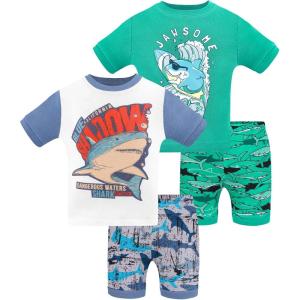 DAUGHTER QUEEN Boys Summer Pajamas Set 4 Pieces 100% Cotton Sleepwear Size 18 Months-12 Years(4pcs-green/White-shark-sba24)