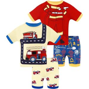 DAUGHTER QUEEN Boys Summer Pajamas Set 4 Pieces 100% Cotton Sleepwear Size 18 Months-12 Years(4pcs-red/Yellow-fireman/Fire Truck-sba25)