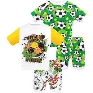 DAUGHTER QUEEN Boys Summer Pajamas Set 4 Pieces 100% Cotton Sleepwear Size 18 Months-12 Years(4pcs-white/Green-soccer-sba24)