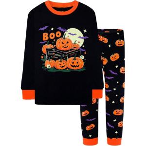 DAUGHTER QUEEN Boys & Girls 100% Cotton Holiday Pajamas, Halloween Christmas Sleepwear 18M-12Y(2pcs-black-pumpkin-hba25)