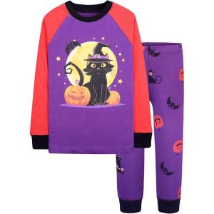 DAUGHTER QUEEN Boys & Girls 100% Cotton Holiday Pajamas, Halloween Christmas Sleepwear 18M-12Y(Black Cat/Purple/Orange)