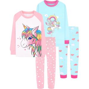 DAUGHTER QUEEN Girls 4 Pieces Cotton Pajamas Size 18 Months-12 Years(4pcs-blue/Pink-unicorn-lga24)