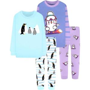 DAUGHTER QUEEN Girls 4 Pieces Cotton Pajamas Size 18 Months-12 Years(4pcs-blue/Purple-penguin-lga24)