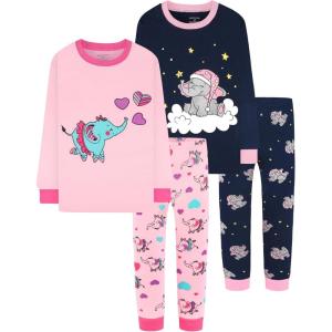 DAUGHTER QUEEN Girls 4 Pieces Cotton Pajamas Size 18 Months-12 Years(4pcs-navy/Pink-elephant-lga24)