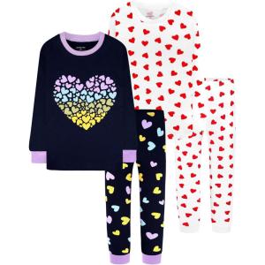 DAUGHTER QUEEN Girls 4 Pieces Cotton Pajamas Size 18 Months-12 Years(4pcs-navy/White-heart-lga24)