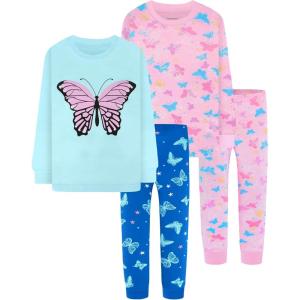 DAUGHTER QUEEN Girls 4 Pieces Cotton Pajamas Size 18 Months-12 Years(4pcs-pink/Blue-butterfly-lga25)