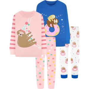 DAUGHTER QUEEN Girls 4 Pieces Cotton Pajamas Size 18 Months-12 Years(4pcs-pink/Blue-sloth-lga25)