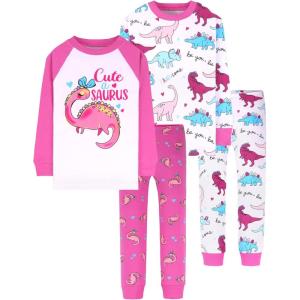 DAUGHTER QUEEN Girls 4 Pieces Cotton Pajamas Size 18 Months-12 Years(4pcs-pink/White-dinosaur-lga22)
